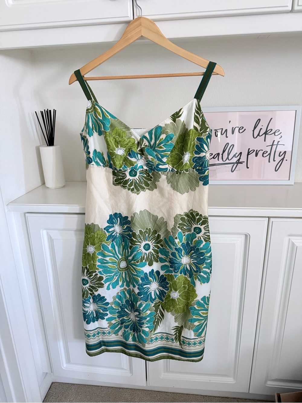 Ann Taylor Floral Slip Dress in Teal & Green on Cream